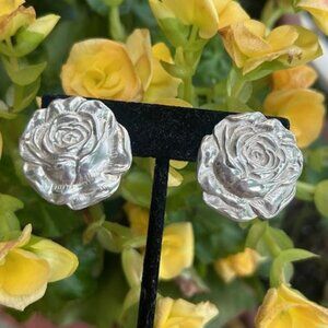 925 Silver 3-D Rose Statement Round Disc EARRINGS